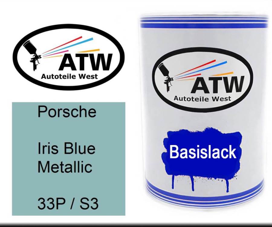 Porsche, Iris Blue Metallic, 33P / S3: 500ml Lackdose, von ATW Autoteile West.